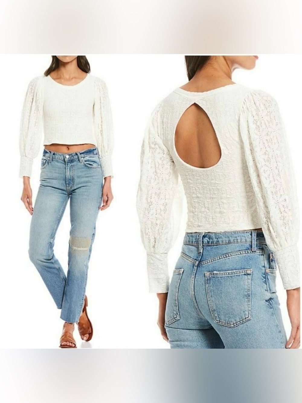 Free People Tea Time Lace Crop Top Peasant Sleeve Open back Large White